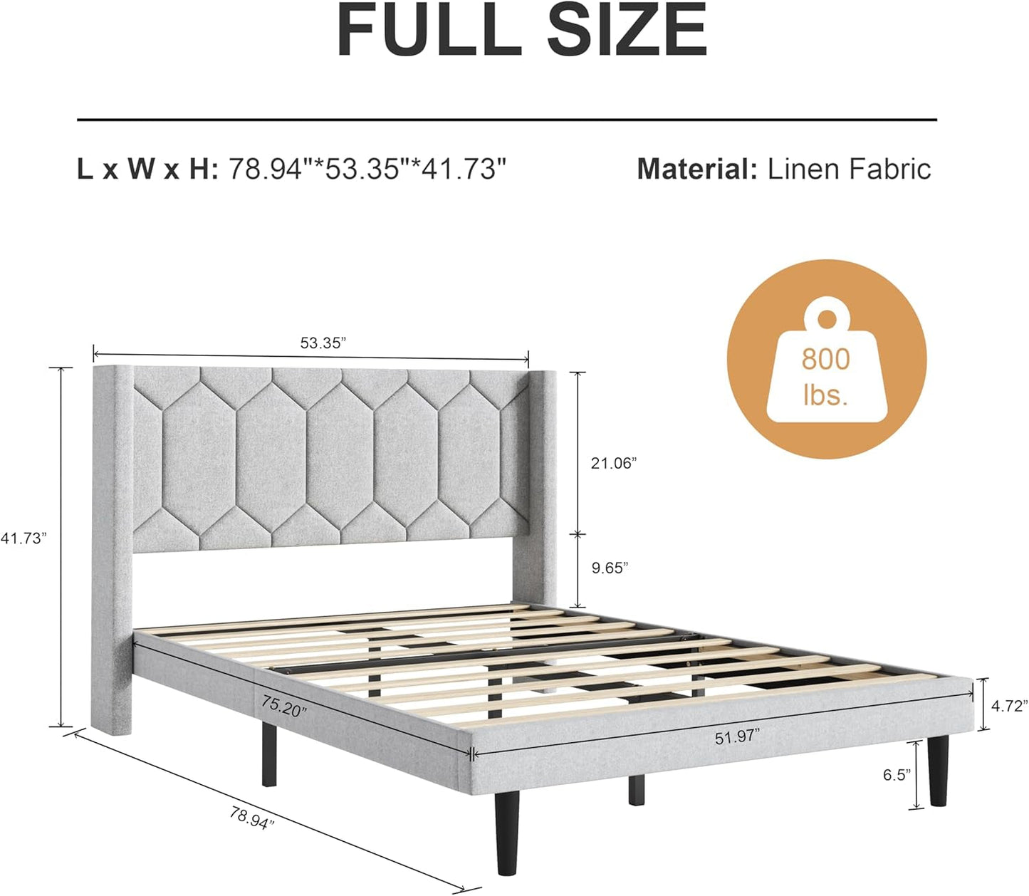 Full Size Bed Frame with Headboard, Linen Upholstered Platform Bed Frame No Box Spring Needed, Full Sized Modern Bedframe with Strong Wooden Slats, Light Gray