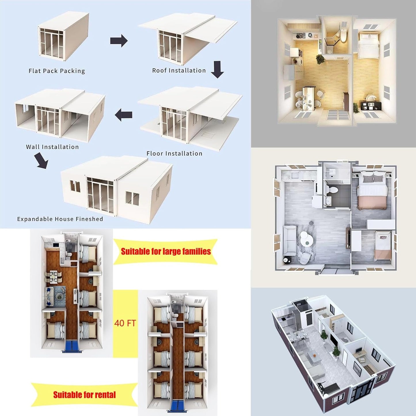 Prefab Tiny Homes to Live in for Adults,20&40 FT Portable Mobile Foldable Expandable Prefabricated Modular Container Cabin Kit Small House for Sale with 2 3 4 Bedrooms and Fully Bathroom Kitchen