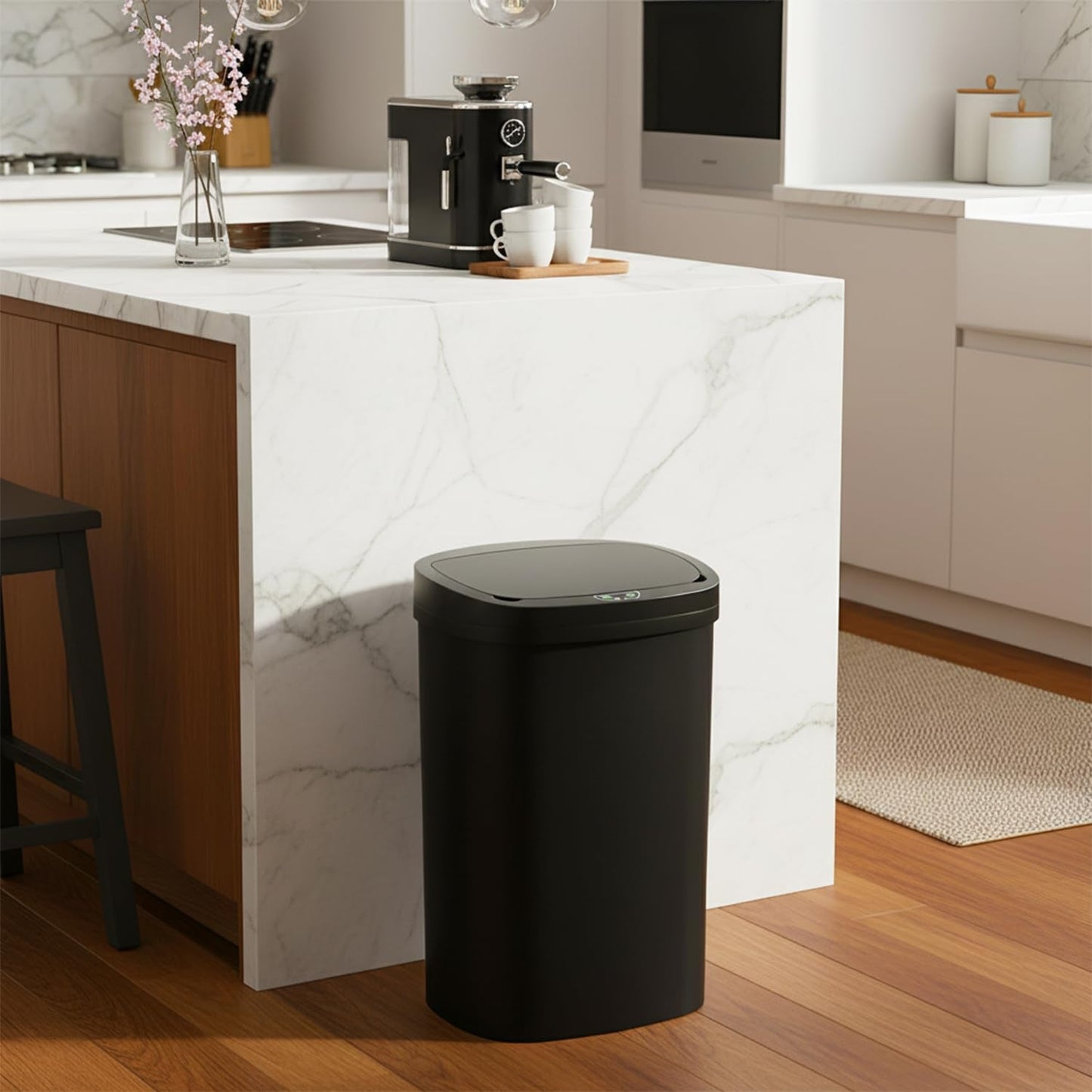 | 13 Gallon Trash Can with Lid | Automatic Touchless Garbage Can | Odor Control | Modern Oval Design | Easy to Clean | Plastic | Black | Fits Any Kitchen, Bathroom, Office or Home