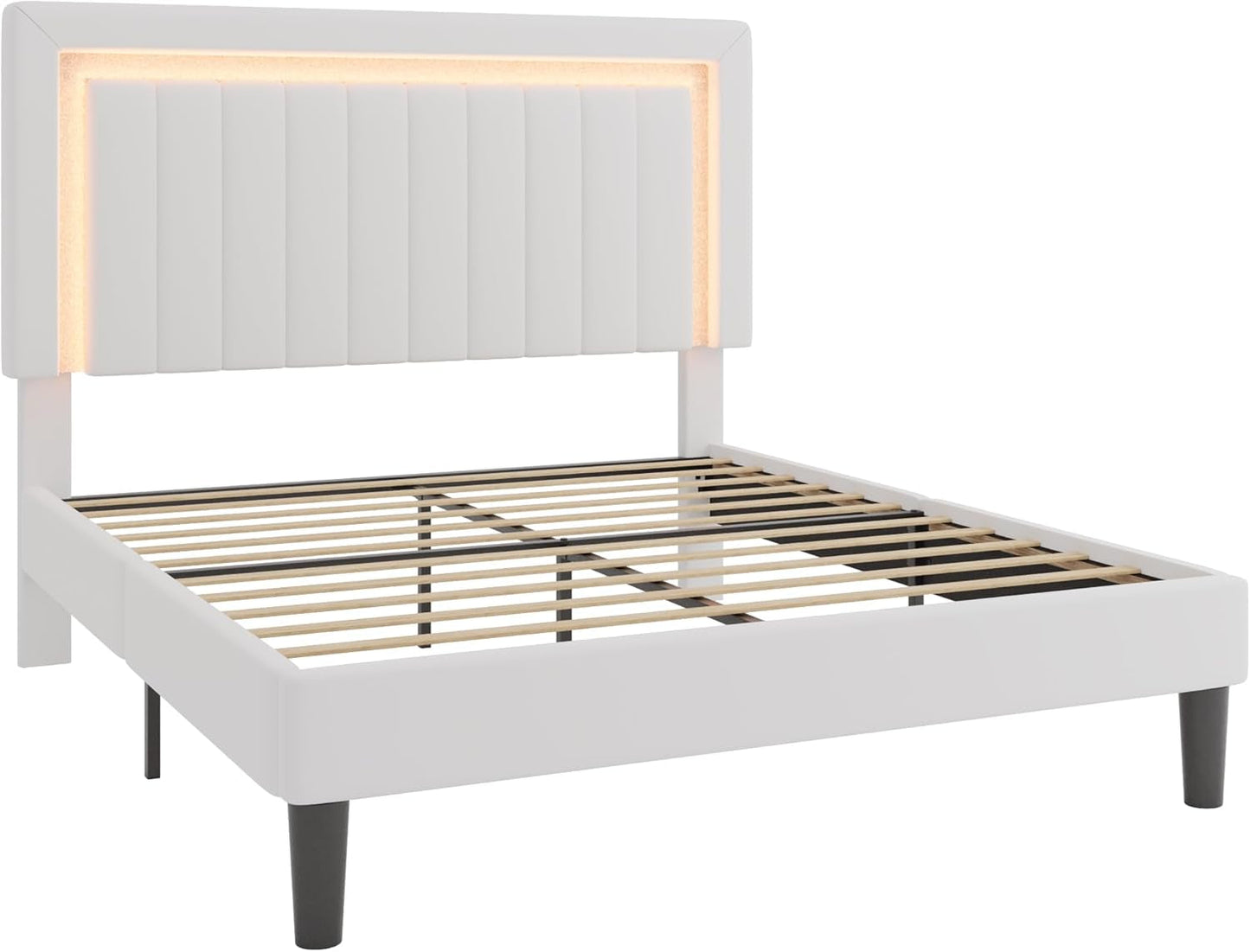 Queen Size Velvet Bed Frame with LED Light, Adjustable Vertical Channel Tufted Headboard, Strong Wooden Slats Support, Noise-Free, No Box Spring Needed, White