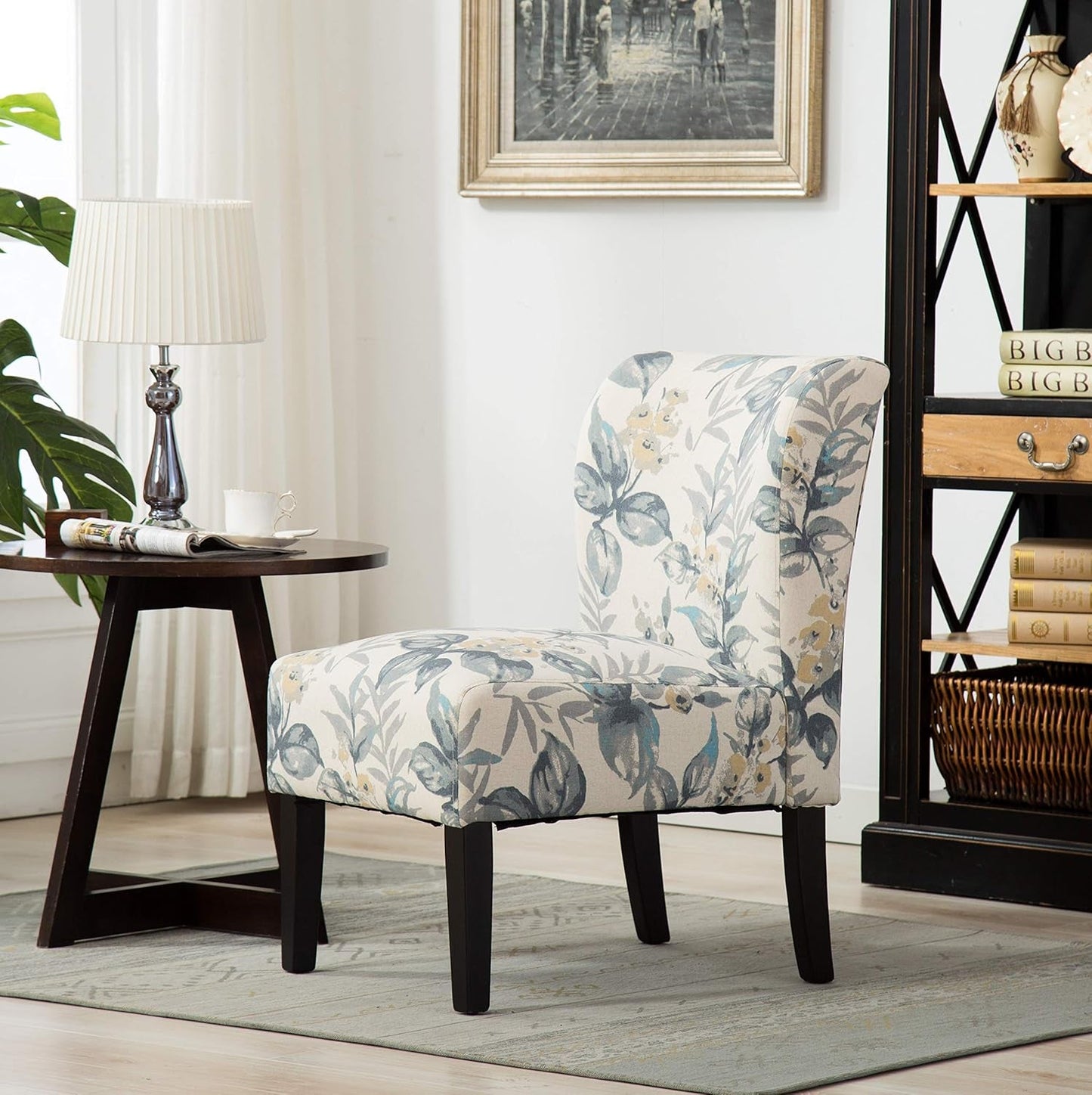 Capa Print Abric Armless Contemporary Accent Chair, Blue Leaves