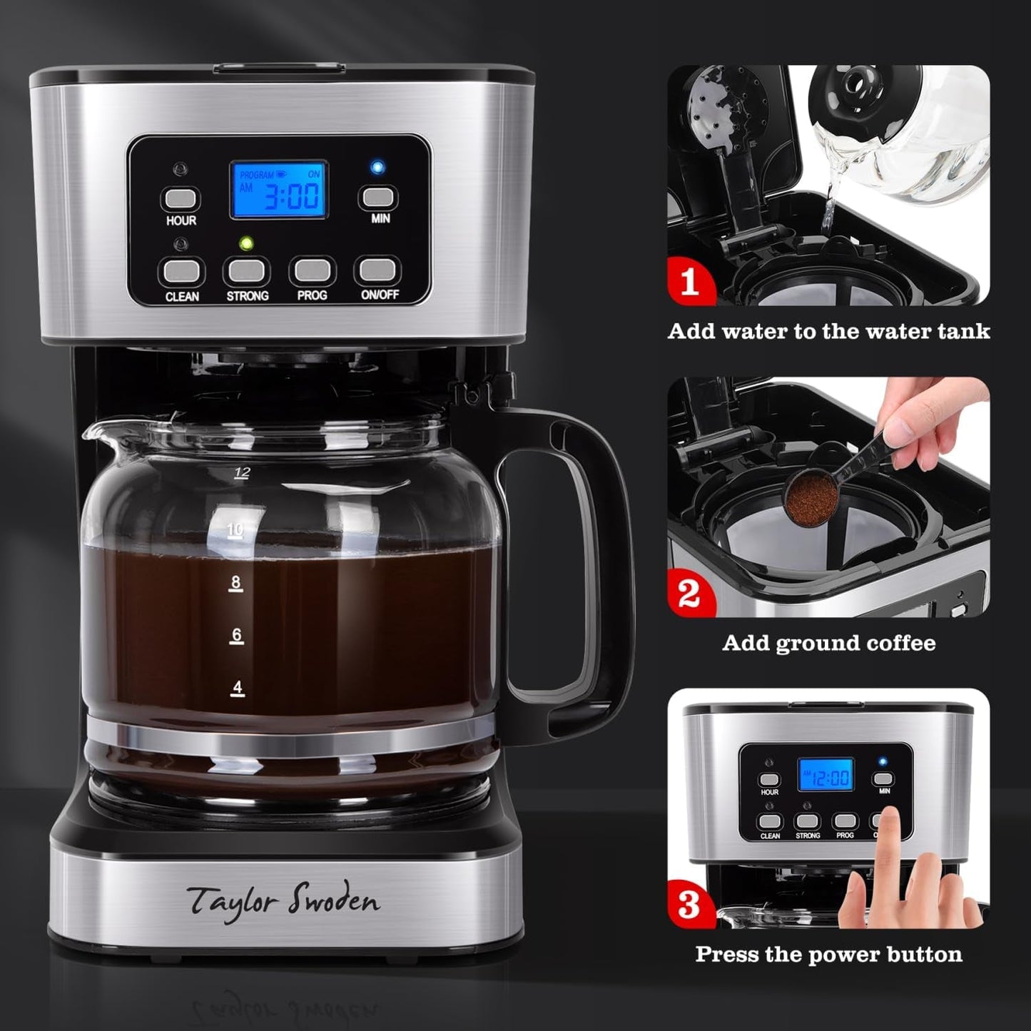 12-Cup Programmable Coffee Maker, Regular & Strong Brew Drip Coffee Machine for Home and Office, Glass Carafe, Pause & Serve, Auto Shut Off, Black & Stainless Steel