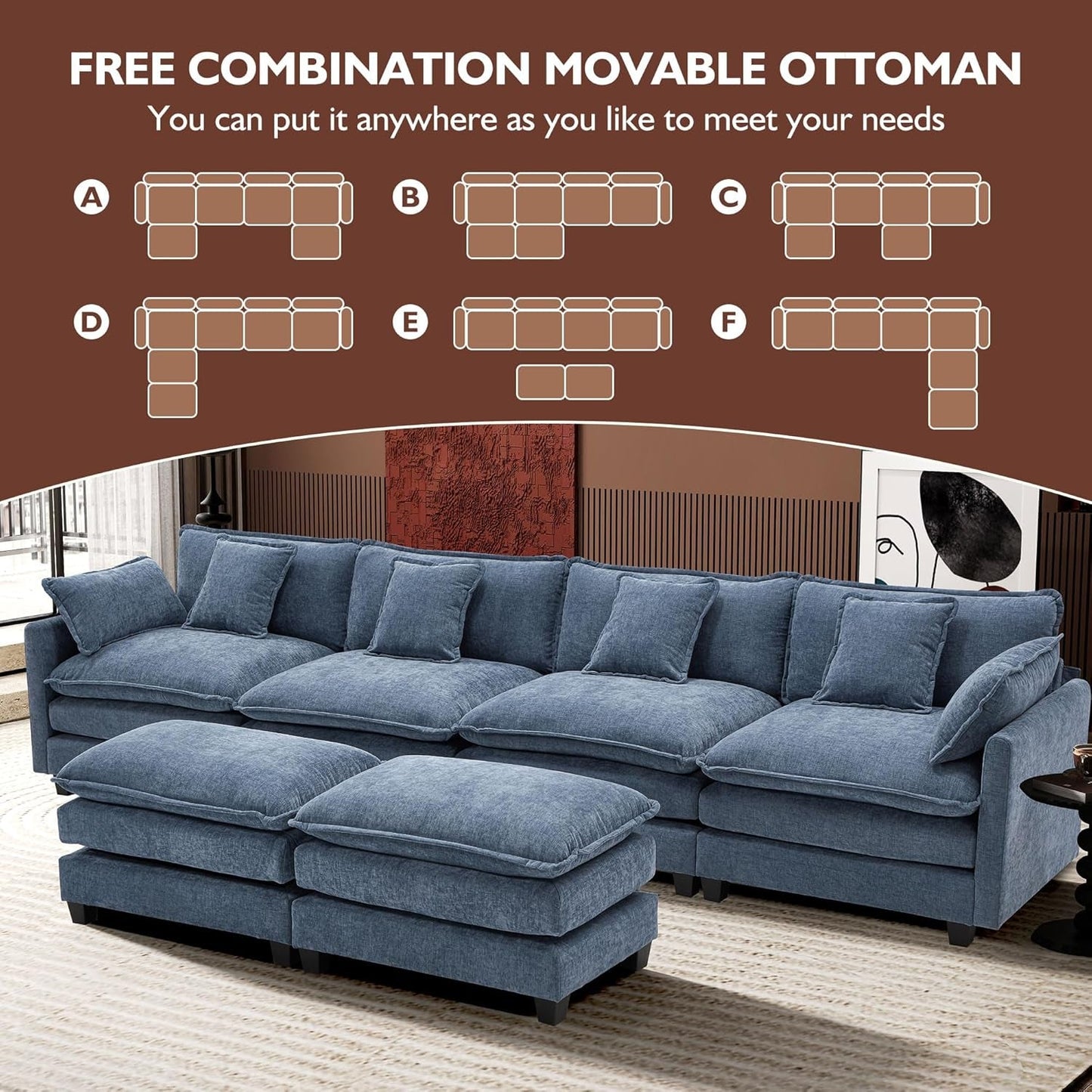 146" U-Shaped Modern Sofa Modular Sectional Cloud Couch with 2 Ottoman, 6-Seat Chenille Deep Seat Sofa with 6 Pillows for Living Room, Bedroom and Apartment, Blue