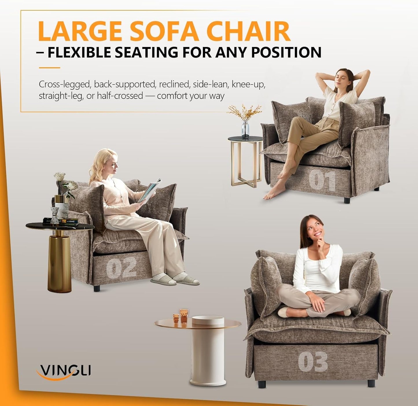 Light Browm Accent Chair 34" Width Oversized Reading Chair Upholstered Armchair Soft Chenille Fabric Living Room Chairs Sofa for Adults Bedroom, Home Office, Play Room