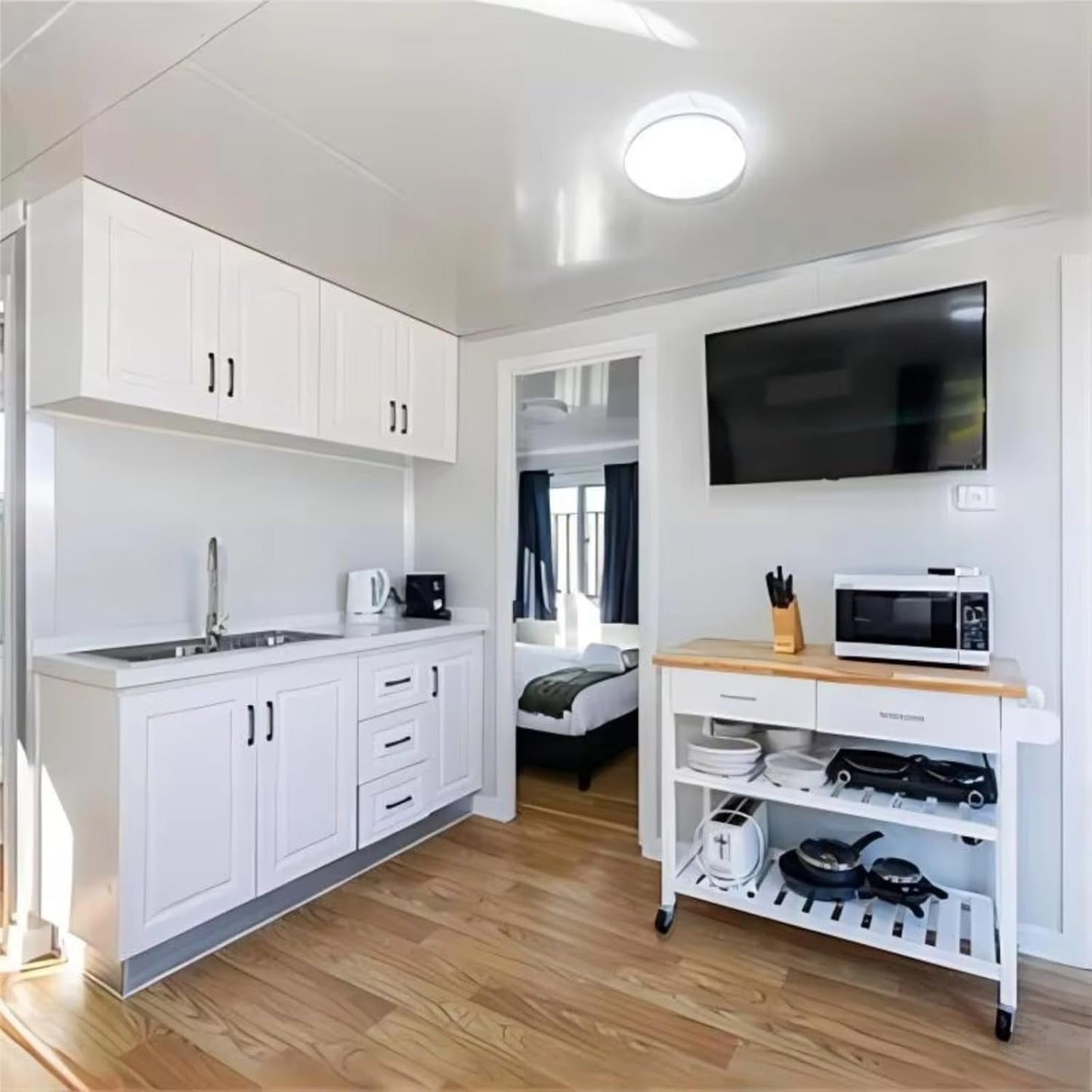 19X20Ft Prefab Tiny Home for Sale Modern Design Foldable Tiny House Prefab 2 Bedroom Modular Container House with Full Equiped Bathroom & Kitchen Boxable Expandable Folding House to Live in for Adult