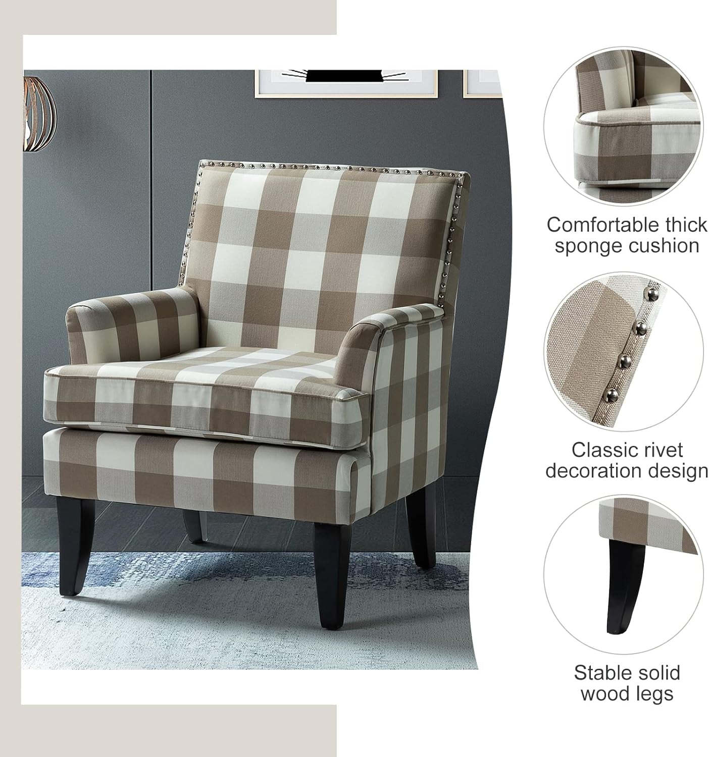 Modern Accent Chair with Arms and Wooden Legs, Mid Century Accent Chair Armchair High Back Rest, Padded Armrest and Comfortable Cushioned Seat for Living Room (Buffalo Beige)