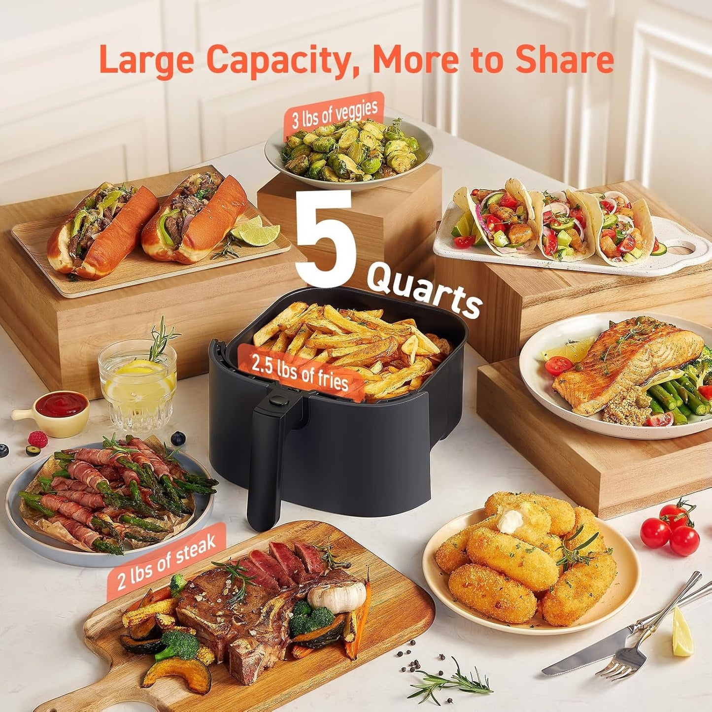 Air Fryer Pro 9-In-1, Compact 5QT, Ceramic Coating, 450℉: Half Time & Chef-Grade Cook, One-Wipe Clean Glass Panel, 130+ In-App Recipes, Nonstick & Dishwasher-Safe Basket, Gray