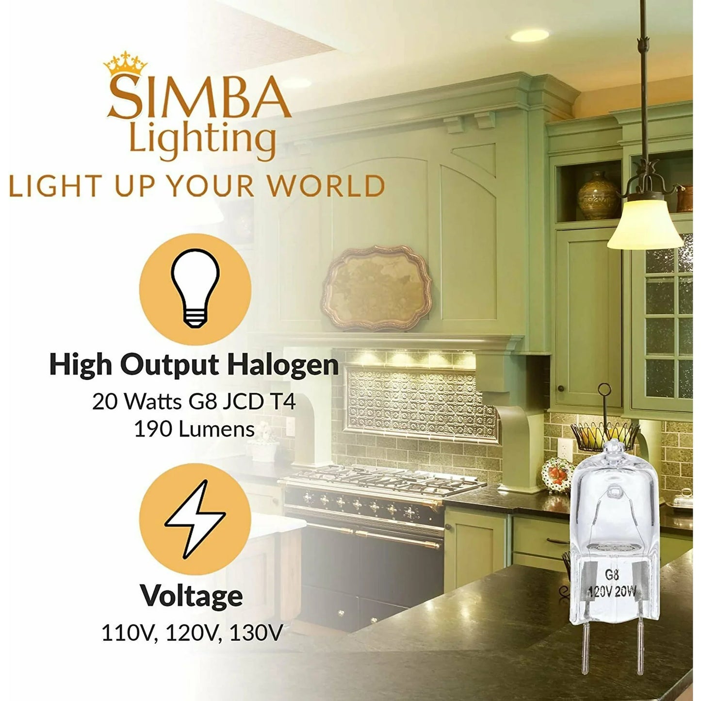 Simba Lighting Halogen Light Bulb G8 T4 20W JCD Bi-Pin Shorter 1.38" Length 120V, 2700K, 10-Pack