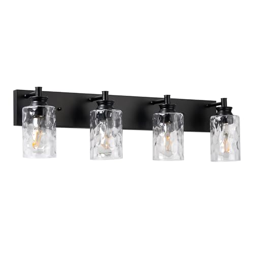 AMRUIPO 4 Light Bathroom Vanity Light Modern Black Bathroom Light Fixtures Over Mirror with Hammered Glass Lampshade for Kitchen Hallway