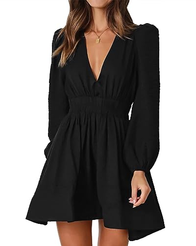 FAIABLE Mini Deep V Sexy Long Sleeve Dress for Women A-line High Waisted Casual Flowy Dress for Cocktail Wedding Guest