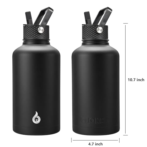 BJPKPK Half Gallon Insulated Water Bottles with Straw Lid, 64oz Large Water Jug, Stainless Steel Bottles with 3 Lids and P...