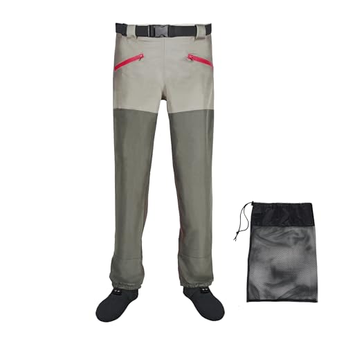 JUSTOOP Waist Wader Pants for Men and Women, 3-Ply Breathable Waterproof Fishing Waders with Pockets and Durable Stockingfoot