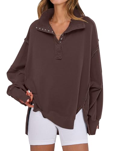 ANRABESS Women's Sweatshirts Oversized Casual Loose Button Up Henley Pullover Top High Low Split 2025 Fall Fashion Outfits