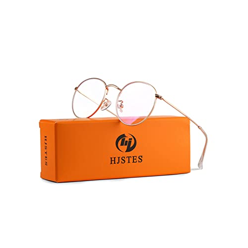 HJSTES Round Blue Light Glasses for Women Men Retro Circle Clear Lens Metal Frame Eyeglasses