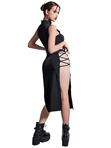 Verdusa Women's Crisscross High Split Gothic Dresses Mock Neck Sleeveless Bodycon Midi Dress