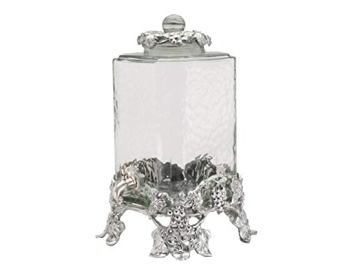 Arthur Court Glass Drink Dispenser Beverage Stainless Leak Free Spigot, Metal Grape Pattern Base Home Bar Party Server Ele...