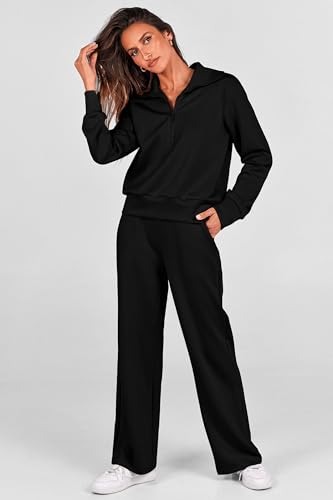 PRETTYGARDEN Women's 2 Piece Outfits Casual Lapel Half Zip Sweatshirts and Wide Leg Pants Tracksuit Sets