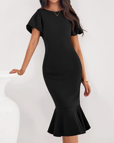 BTFBM Women Formal Wedding Guest Cocktail Dresses 2026 Short Sleeve Ruffle Mermaid Work Bodycon Elegant Midi Summer Dress