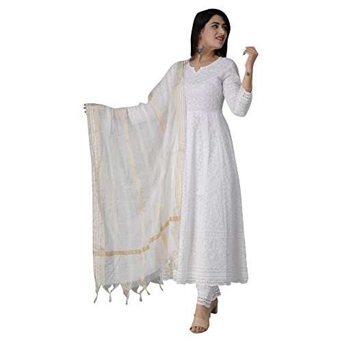 JG JAI GOVINDAM Chikankari Cotton Anarkali Indian Kurti for Women Summer Dress Kurta Pant with Dupatta Set Pakistani Kurta