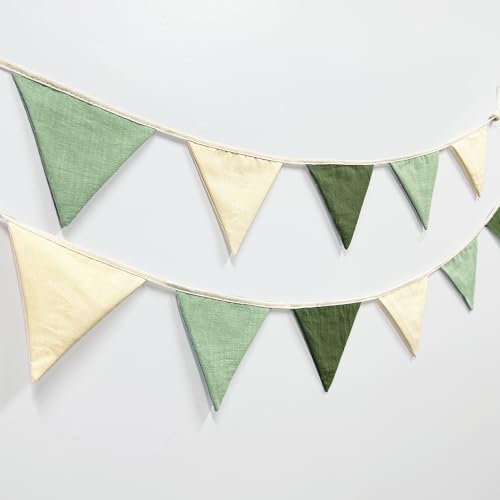 2 Sets of Sage Green Pennant Banner 24Pcs Nursery Garland Flags Olive Green Fabric Linen Triangle Streamers for Baby Room ...