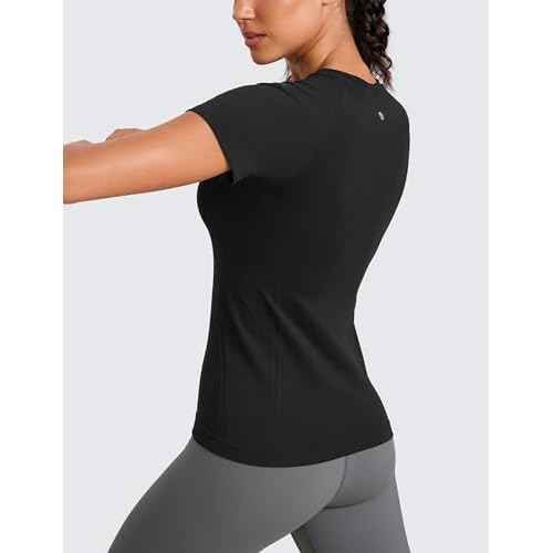 CRZ YOGA Seamless Workout Tops for Women Hip Length - Athletic Running Gym Yoga Short Sleeve Shirts Breathable Crewneck Tees