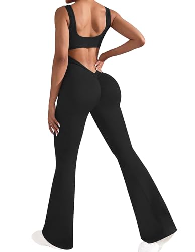 OLCHEE Womens Flare Jumpsuits One Piece Seamless Butt Scrunch Workout Romper Square Neck Backless Wide Leg Unitard