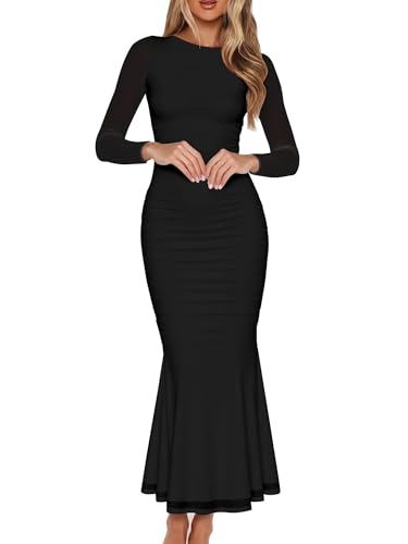 BORIFLORS Women's Sexy Ruched Bodycon Long Formal Dresses Mesh Long Sleeve Cocktail Party Maxi Dress