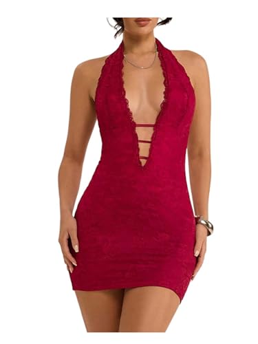 SweatyRocks Women's Sexy Deep V Neck Lace Halter Mini Dress Open Back Bodycon Club Dresses Rave Outfits