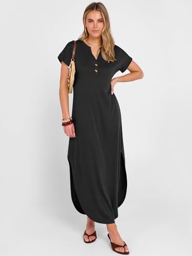 ANRABESS Women Summer Maxi Dress Casual Short Sleeve V Neck Button Up Loose Split Travel Dresses 2026 Beach Vacation Sundress