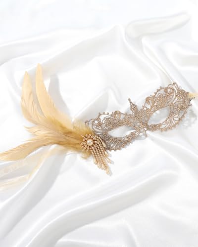Zinniday Lace Masquerade Masks for Women - Elegant Venetian Mask 1920s 50s Antique Eyemask Feather Halloween Mask for Party