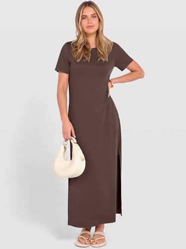 ANRABESS Womens Summer Casual Maxi Dress Short Sleeve Crewneck Split Wrinkle-Free Travel Long Sundress Beach Vacation Clothes