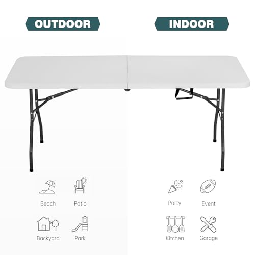 FDW 6 Foot Outdoor Dining Table, Foldable Portable Rectangular Plastic Folding Table with Built in Carrying Handle for Par...