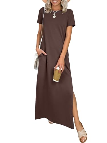 ANRABESS Womens Summer Casual Maxi Dress Short Sleeve Crewneck Split Wrinkle-Free Travel Long Sundress Beach Vacation Clothes