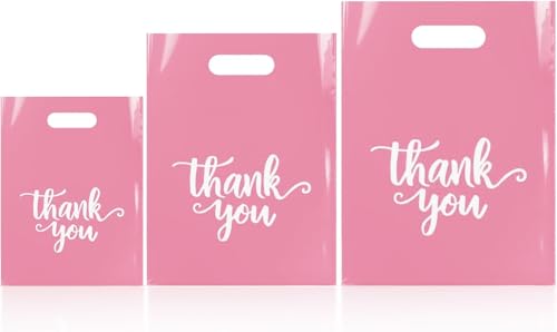 Odseciran 200PCS Reusable Thank You Bags for Business Small, Durable Plastic Bag with Handle for Store, 3 Sizes Shopping G...