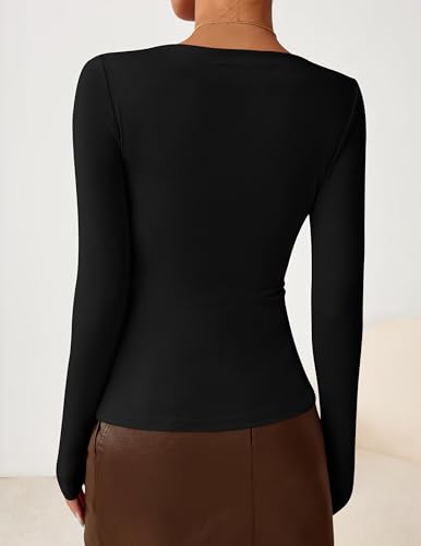 ZESICA Women's Long Sleeve Asymmetrical Neck Ruched Slim Fit Shirts 2026 Fall Fashion Casual Tee Going Out Tops