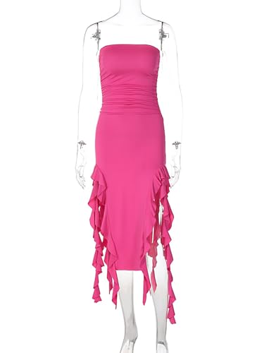Women Summer Elegant Strapless Tube Midi Bodycon Dresses Irregular Ruffle Tassel Party Dress