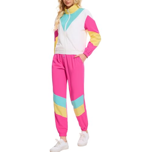 ZDT Women's Color Block 80s 90s Outfit 2 Piece Costume Zip Up Windbreaker Track Suits Set New