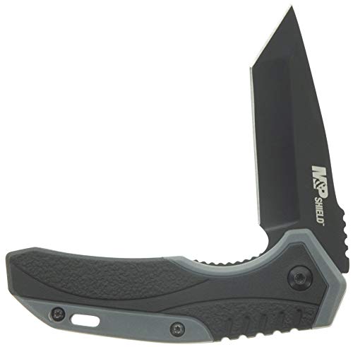 Smith & Wesson M&P Shield 6.8in Stainless Steel Assisted Opening Knife with 2.8in Tanto Blade and Rubberized Handle for Ou...
