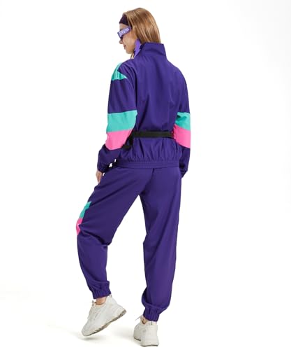 Coseaon 80s Tracksuit for Women Retro Windbreaker Outfit 90s Color Block Sportswear Set with Jacket Sweatpants