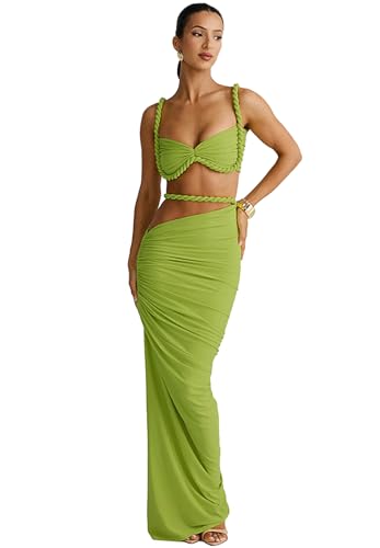 longlugoo Women's Two Piece Skirt Sets Summer Beach Sexy Ruched Backless Cami Top And Cut Out Skirt Night Out Dress