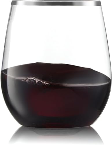 32 Pack Stemless Plastic Wine Glasses Disposable 12 Oz Silver Rim - Shatterproof Recyclable and BPA-Free, Stylish Drinkwar...