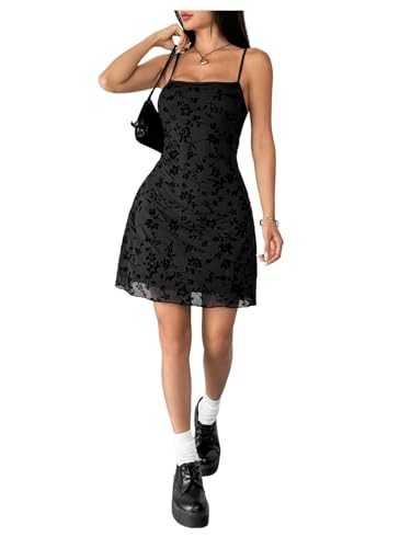 Verdusa Women's Mini Dress Floral Spaghetti Strap Mesh Dresses Going Out Festival Concert Outfits Grunge Gothic Clothes