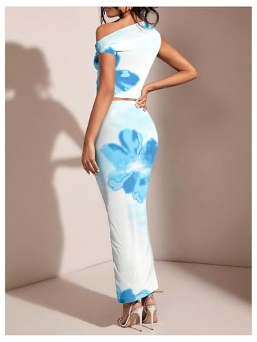 WDIRARA Women's 2 Piece Outfits Floral Print One Shoulder Crop Top Bodycon Ruched Maxi Skirt Set