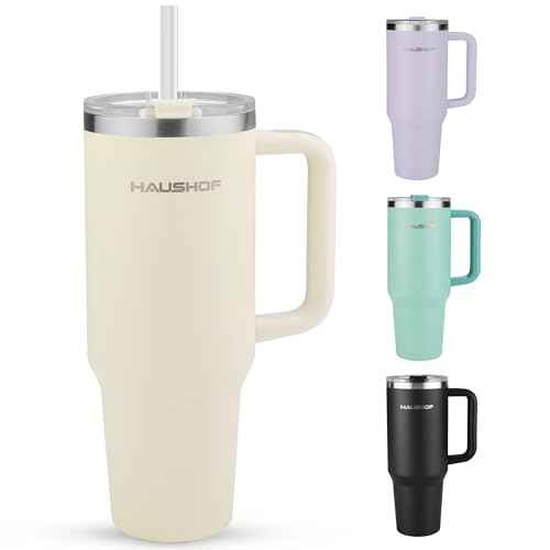 HAUSHOF 40 oz Tumbler with Handle and Straw, Insulated Stainless Steel Coffee Tumbler with Tritan Lid, Double Walled Travel Mug Water Bottle Cup, Large Tumbler for Hot and Cold Drinks