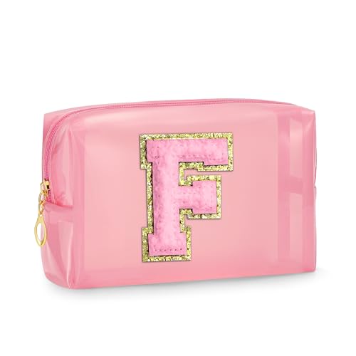 SEFORICO Clear Makeup Bag for Women - Small Personalized Initial Cosmetic Bags A-Z Chenille Letter Make up Pouch Waterproo...