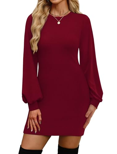 OFEEFAN Sweater Dresses for Women 2025 Fall Winter Puff Long Sleeve Crewneck Bodycon Fleece Ribbed Pullover Fashion Clothing