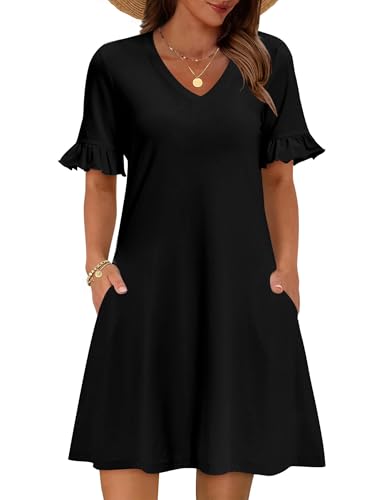 Zeagoo Summer Casual Dresses for Women A Line Sun Dress Ruffle Short Sleeve V Neck Floral Tshirt Dress with Pockets