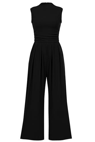 PRETTYGARDEN Womens Summer Jumpsuits Dressy Casual One Piece Outfits Sleeveless Mock Neck Wide Leg Pants Rompers with Pockets