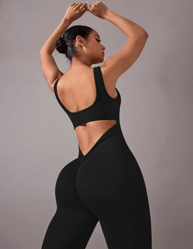 OLCHEE Womens Flare Jumpsuits One Piece Seamless Butt Scrunch Workout Romper Square Neck Backless Wide Leg Unitard