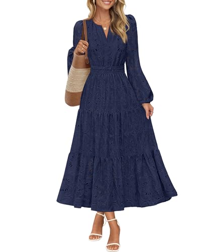 MEROKEETY Women's Fall Long Sleeve Floral Maxi Dress Lace Eyelet Hollow Out Tiered Boho Wedding Guest Dresses Pockets